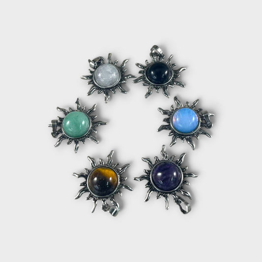 Sun Shape, Gemstone Pendants, 32mm (1 Pc) Amethyst, Onyx, Crystal Quartz, green Aventurine, Opalite, Yellow Tiger Eye-0